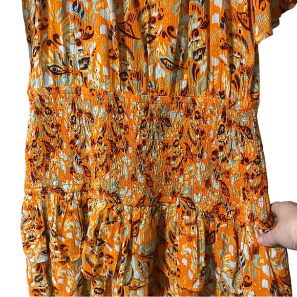 NWT Aerie Vibrant Orange Floral Mini Dress large 100% cotton boho flutter sleeve - Picture 5 of 10